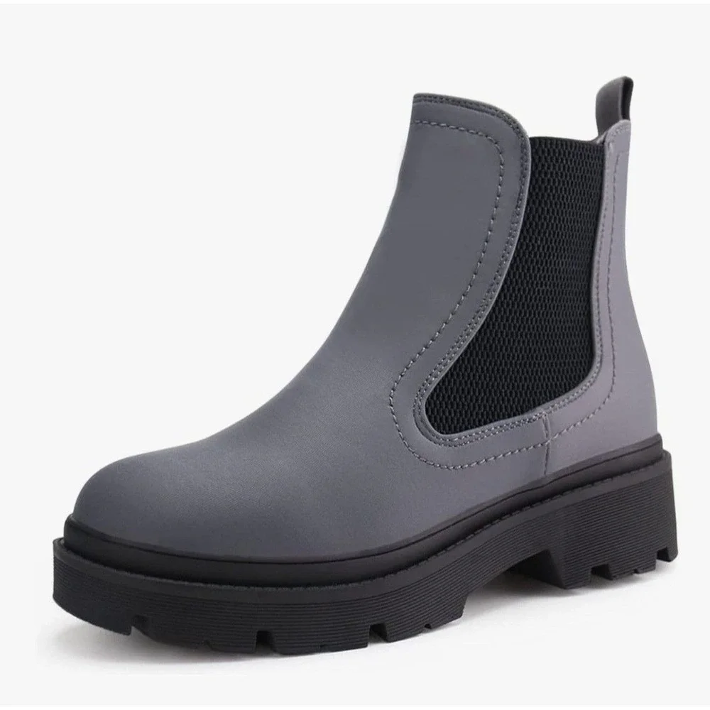 Grey Chelsea Boots Women Lug Sole Ankle Booties Matte Grey Black Elastic Side